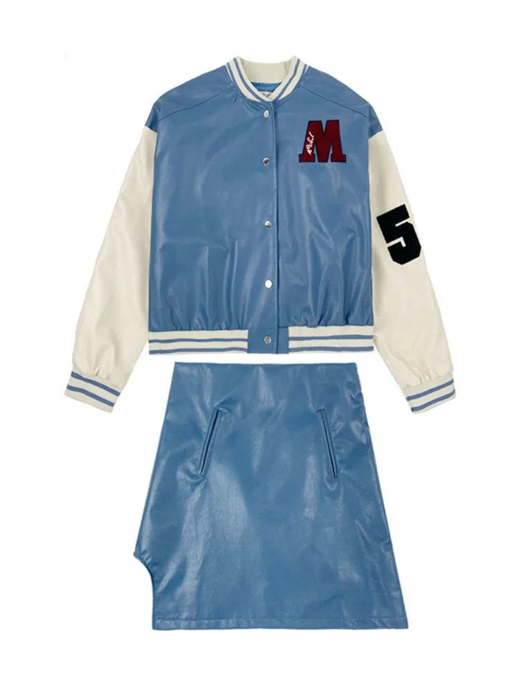 

Women's Sets Fashion Preppy Style O-Neck Long Sleeve Single Breasted Baseball Uniform + Solid Color High Waist A-Line Skirt