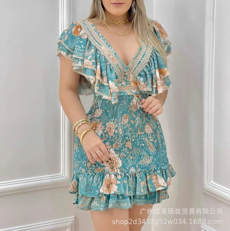 

2023 NEW PRINTED V-NECK RUFFLE COLLECTION DRESS