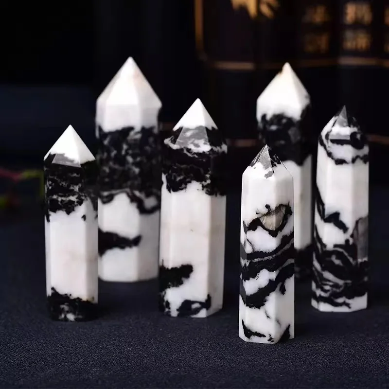 

Natural Healing Energy Gem Black Zebra Stone Hexagonal Column Crystal Tower Home Decoration Ornaments for Gifts