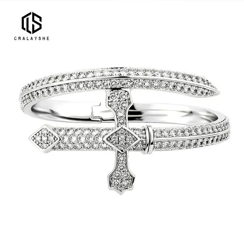 

2022 New In Iced Out Bling CZ Justice Sword Bangle Gold Silver Color Cubic Zircon Cross Bracelet for Women Men Hiphop Jewelry