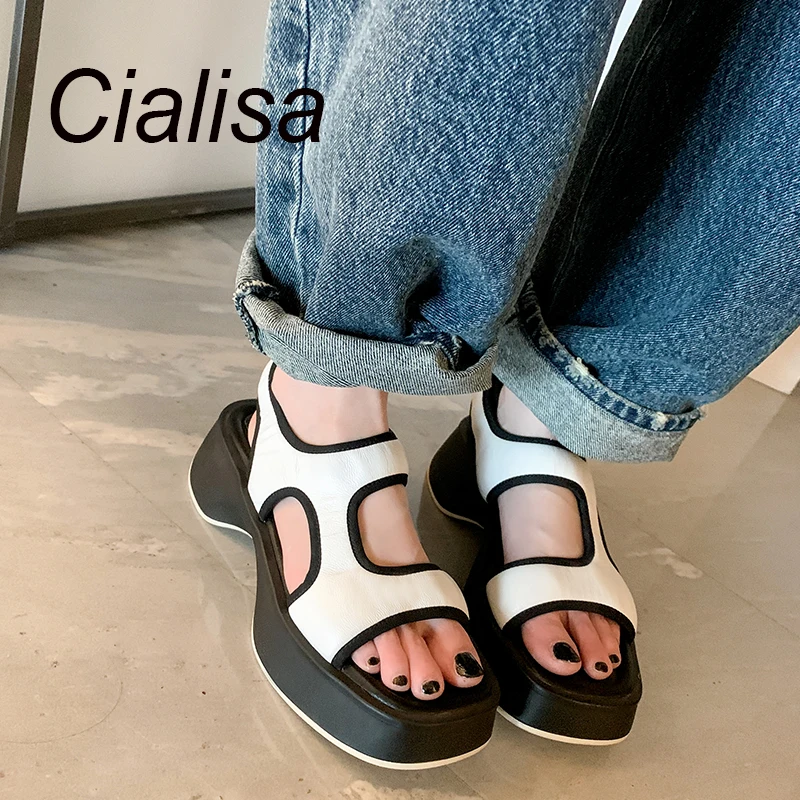 

Женские босоножки с открытым носком Cialisa, летняя стильная обувь из натуральной кожи, повседневная обувь ручной работы на среднем каблуке, размеры 40, синие, белые, 2023
