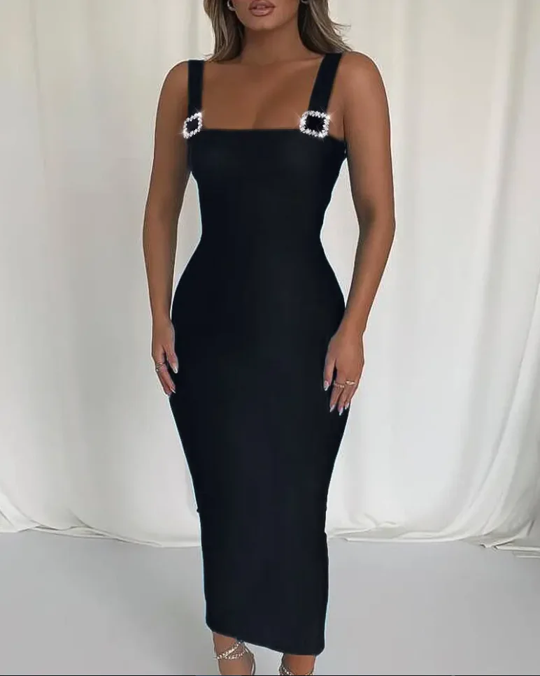 

2022 Summer Woman Chic Sexy Square Neck Rhinestone Buckle Decor Sleeveless Skinny Maxi Plain Night Out Dress