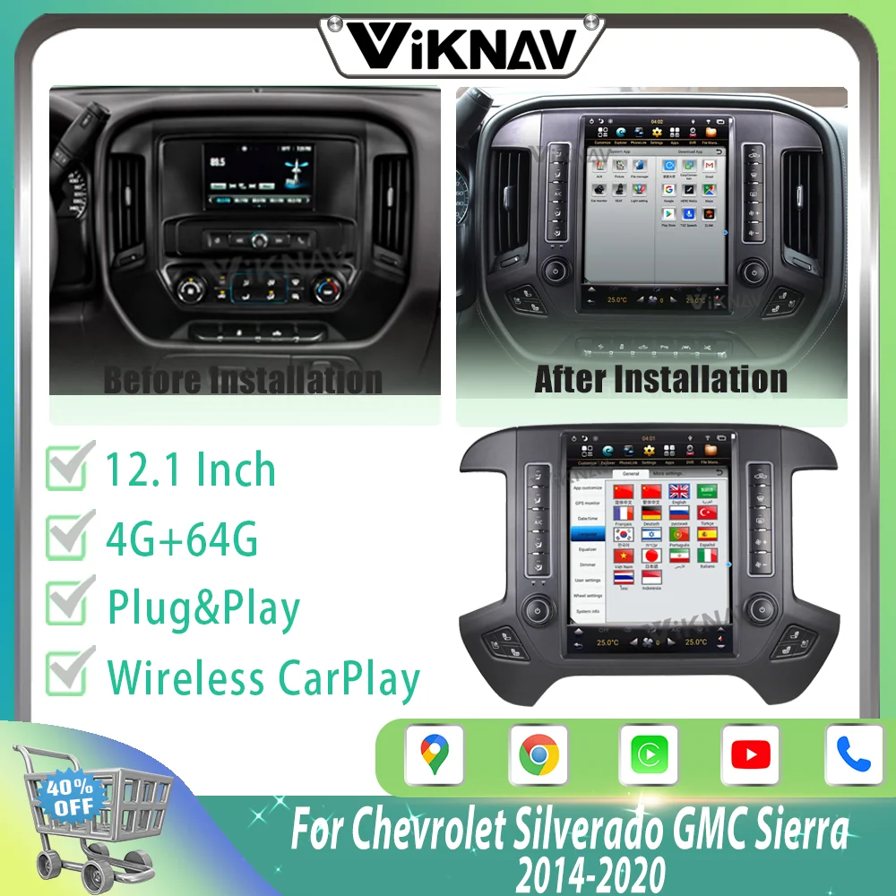 

Автомагнитола для Chevrolet Silverado GMC Sierra 12,1-2014 с сенсорным экраном 2020 дюйма, 64 ГБ