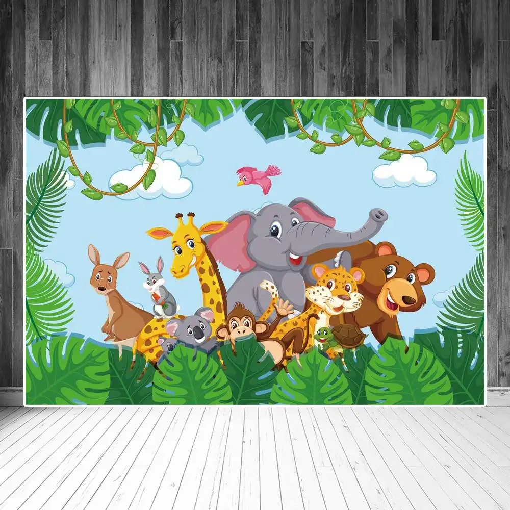 

Jungle Safari Party Photography Backdrops Decoration Tropical Leaves Animals Custom Baby Photocall Photo Booth Backgrounds Props