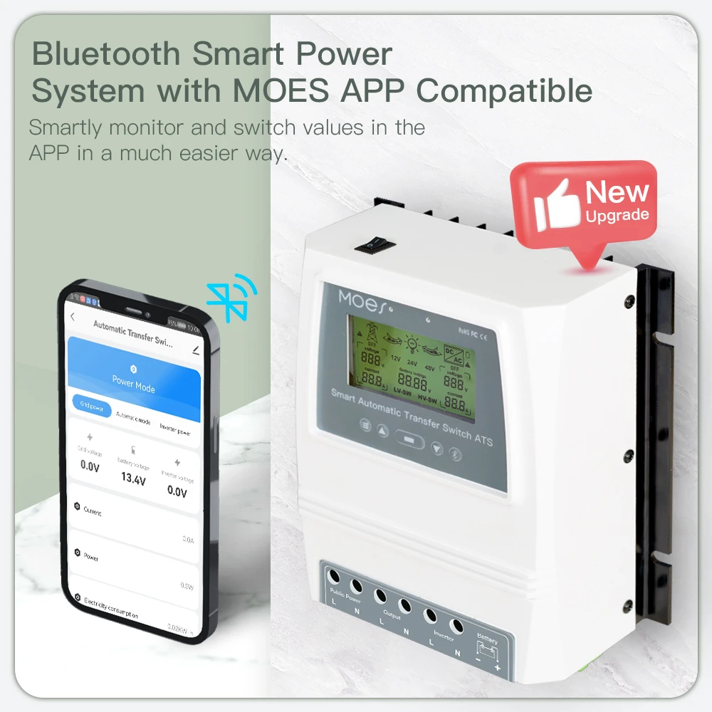 Tuya Smart Bluetooth Dual Power Controller 80A Automatic Transfer Switch for Off Grid Solar Wind System DC 12/24/48V AC 110/220V