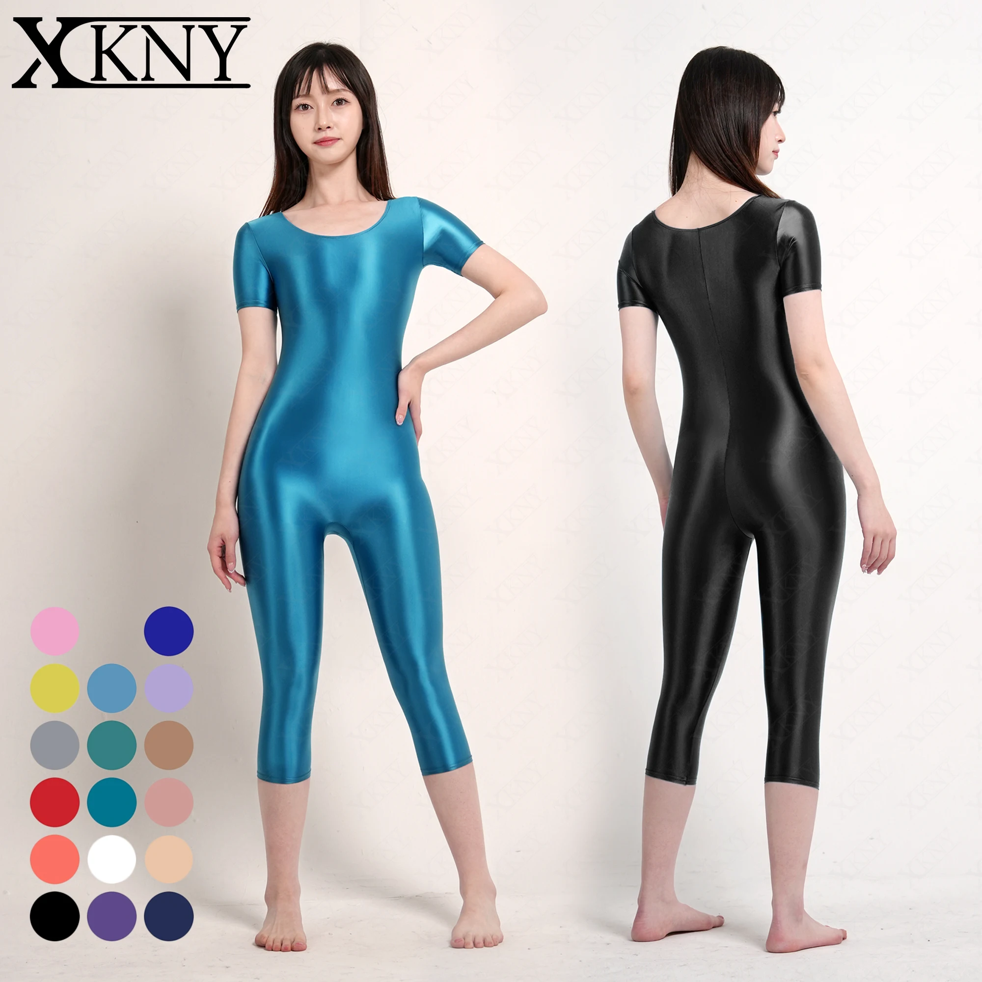 XCKNY Sexy tights silk oil glossy bodysuit short sleeved seven point pants bodysuit smooth yoga fitness swimming suit