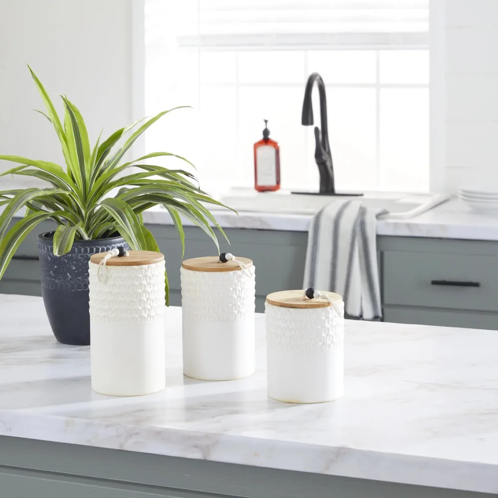 

Decorative Jar 9", 8", 7" High White Ceramic Textured Decorative Jar with Wooden Lid & Beaded Trim, Set of 3