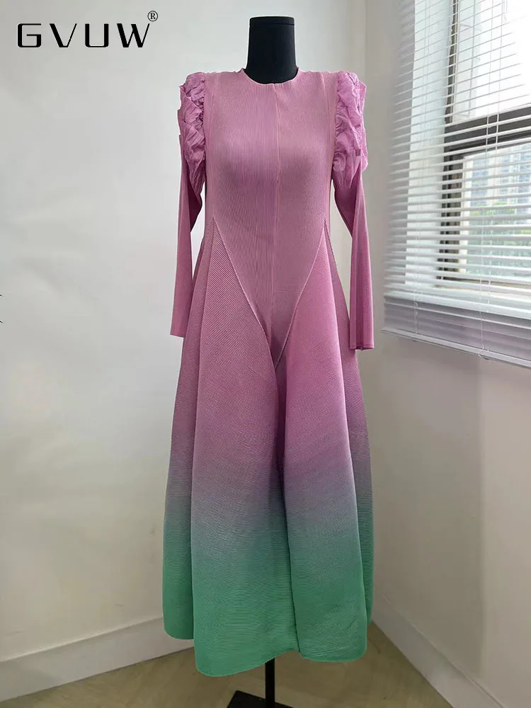 

GVUW Gradient Pleated Dress For Women Long Sleeve Loose O-neck Elegant Party Evening Dresses Female 2023 New Autumn 17G2002a