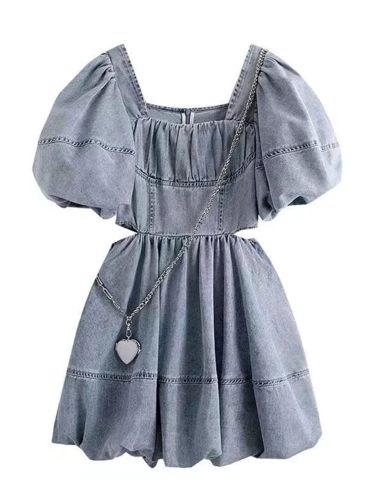 HOUZHOU Denim Mini Dresses for Women 2023 Summer Korean Fashion Vintage Kawaii Sexy A-line Puff Sleeve Female Clothing