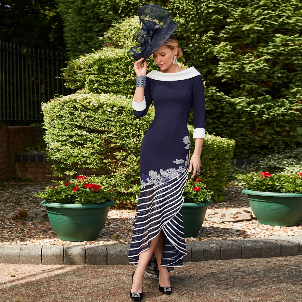 

Elegant Navy Blue Mermaid Mother of the Bride Dresses O Neck 3/4 Sleeves Wedding Party Gowns Appliques Sheath فساتين السهرة 2023