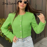 solid green woolen tweed jacket coat o neck jewelry button crop office ladies outwear female chic tops chaqueta mujer 2022 veste