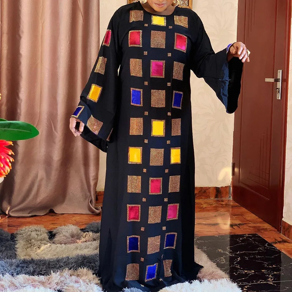 

Casual Ladies Long Dress Luxury Rhinestone Diamond Round Neck Flare Long Sleeve Women Autumn Winter Maxi Dresses Party Office