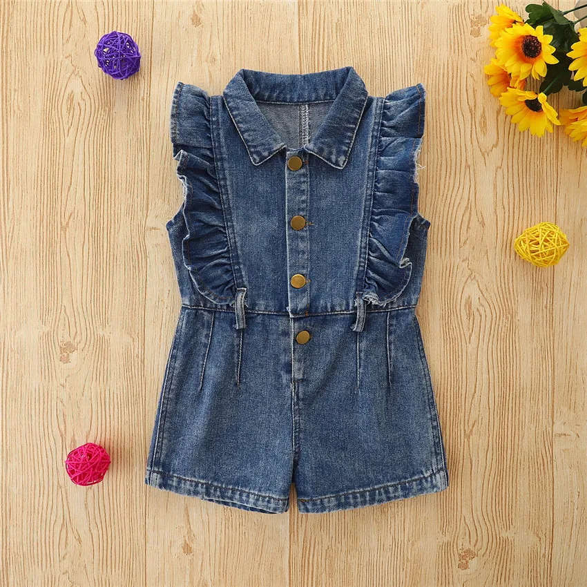 

Children Girl Denim Jumpsuit Summer Sleeveless Blue Bodysuits for Infants Casual Ruffle Kids Clothing 2 3 6 Years Girls Overalls