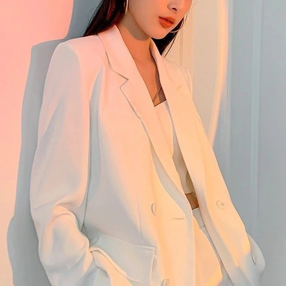 Women's 2022 Spring Autumn New Suits Solid Color Lapel Long Female Blazer Chic Mujer White Black Blazer Suit Sets