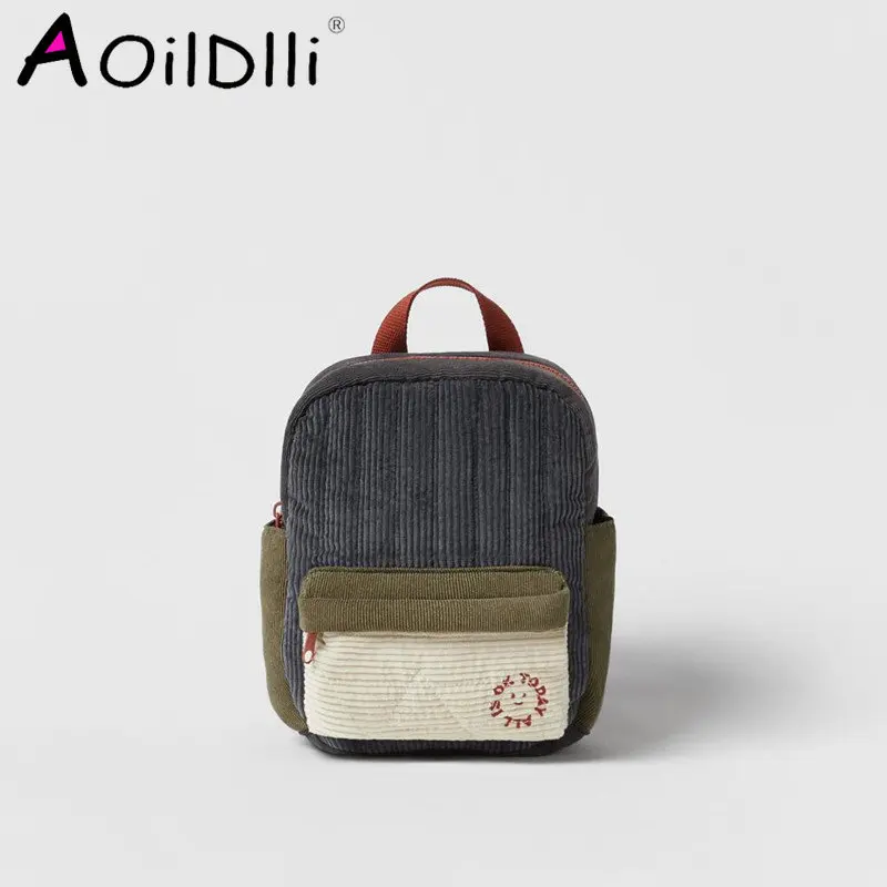 

New embroidered children's small schoolbag brown corduroy patchwork retro backpacks for men and women available