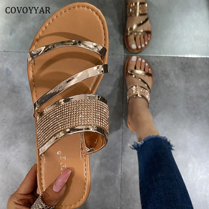 

COVOYYAR Summer Women Shoes Glitter Flat Gold Casual Slippers Beach Slide Casual Shoes Rhinestone Ladies Sandals WSL312