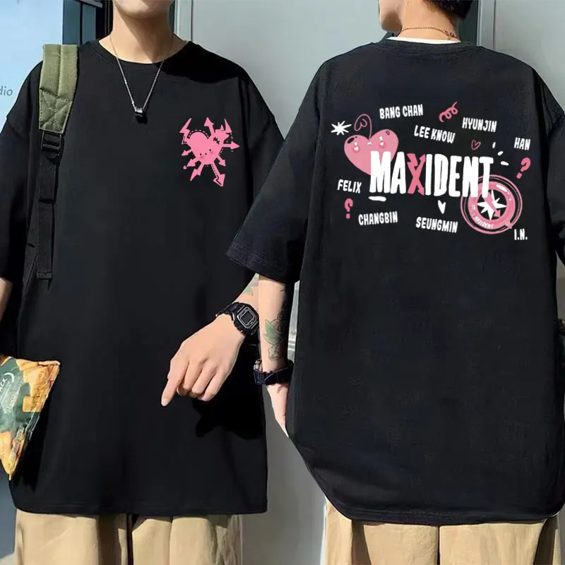 

New Korean Fashion Stray Kids Maxident Double Sided Print Tshirt Summer Men's Hip Hop Tees Men Women Casual Oversized T-shirts