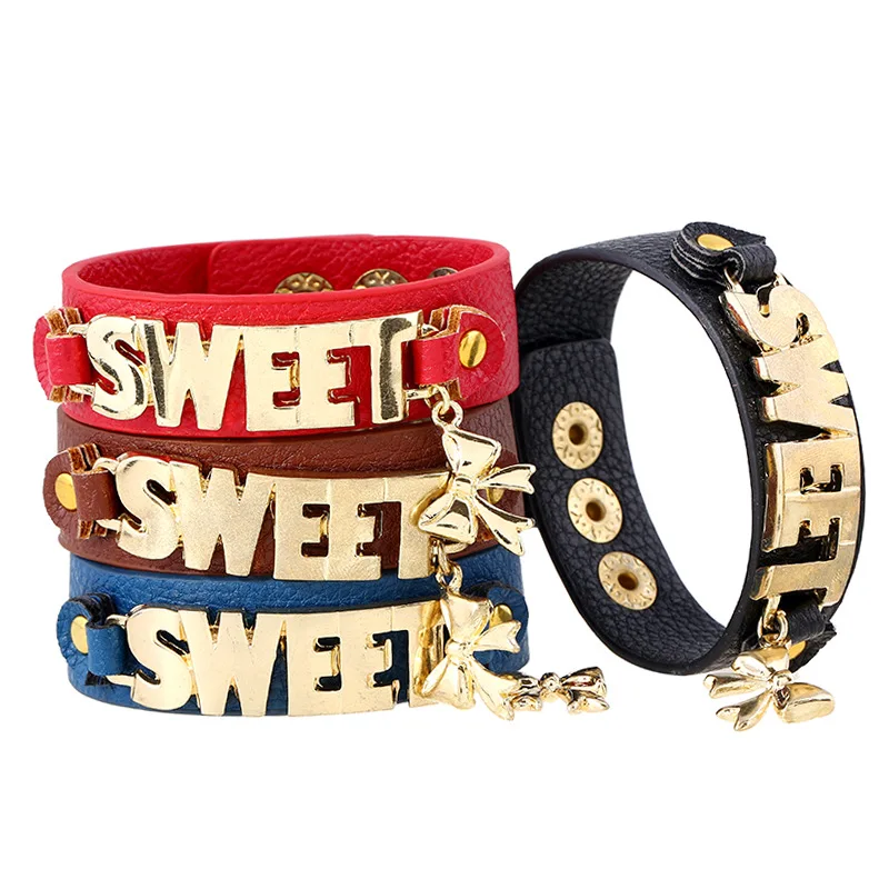

Alphabet Sweet Link Gold Bracelet Soft Leather Length Adjustable Luxury Design Bracelet Wholesale