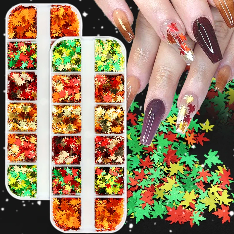 

12 Grids Mixed Holographic Maple Leaves Nail Glitter Sequins Shiny Fallen Leaf Flakes DIY Autumn Nail Art Decoration Accessories