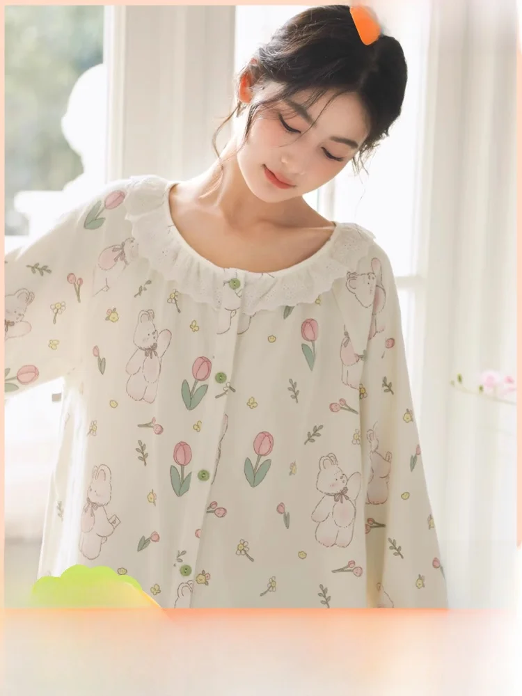 Женская хлопковая фланелевая рубашка 00 осенняя ночная с длинными рукавами на