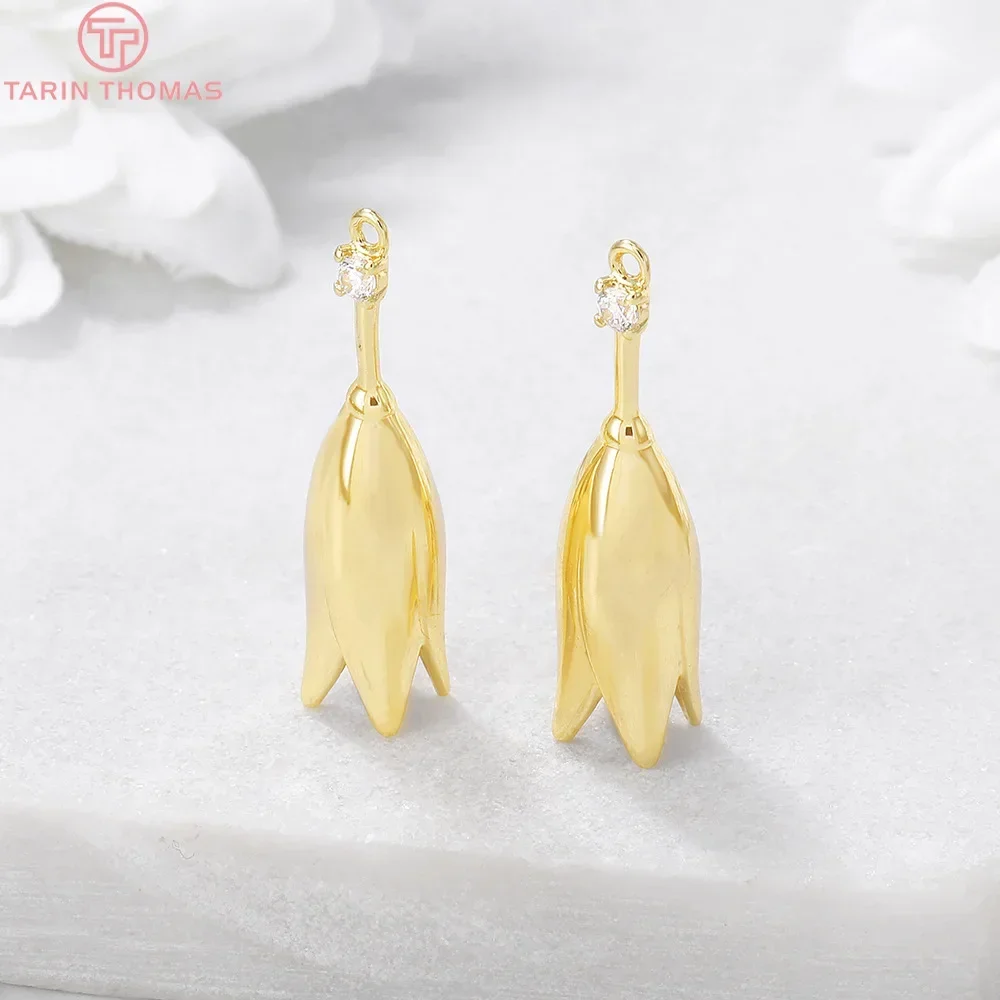 (843) 4 шт. 7x27 мм 24-каратное золото латунь с цирконом подвески в виде бутона цветка