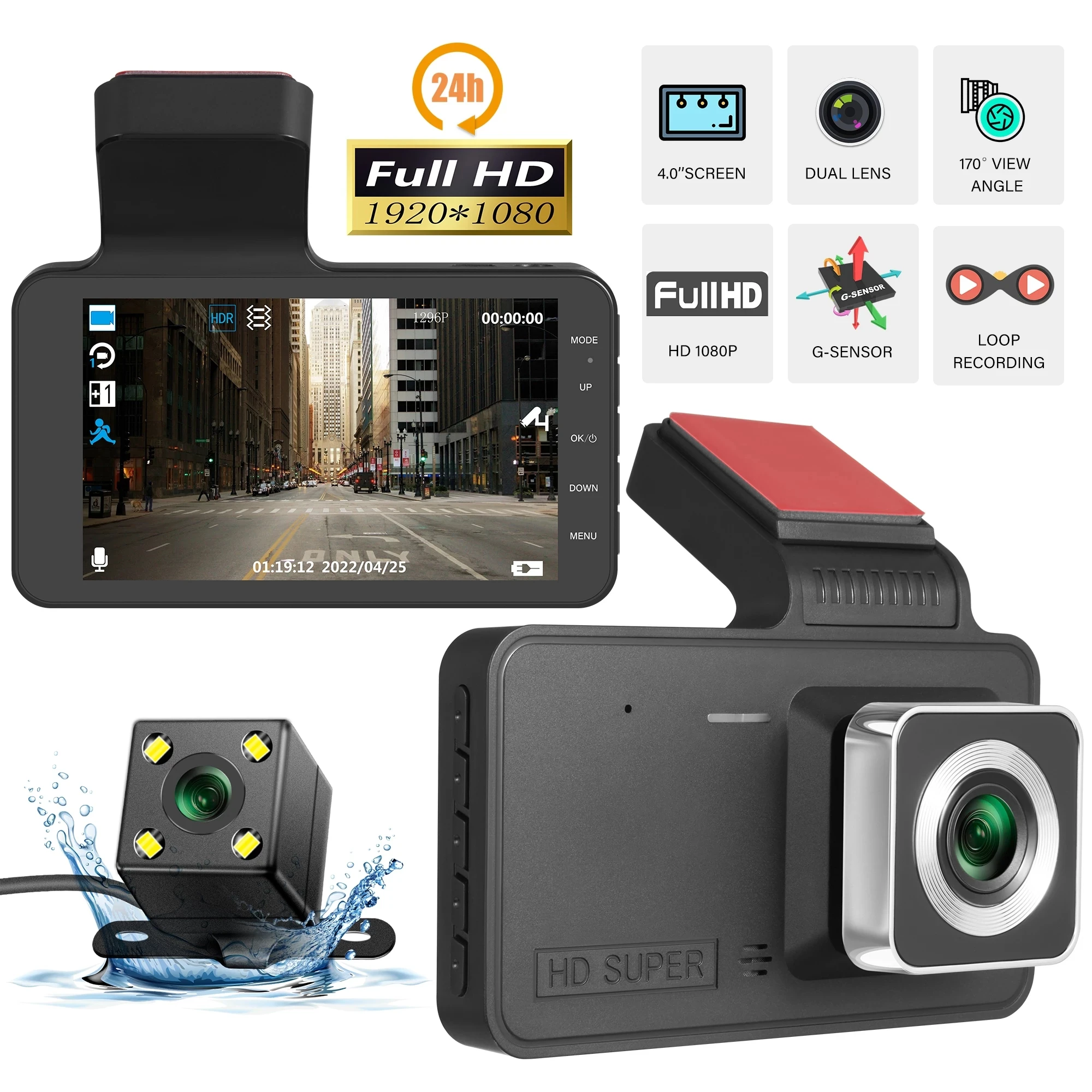 

4,0 дюймовый видеорегистратор, Автомобильный видеорегистратор 24H HD 1080P, видеорегистратор с двумя объективами, видеорегистратор 1080P в черном корпусе, циклический видеорегистратор, зеркальный видеорегистратор для вождения