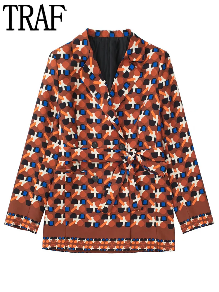 

TRAF Print Office Blazer Woman Double Breasted Jacket Women Belt Fashion Woman Blazer 2022 Long Sleeve Female Blazers Outfit