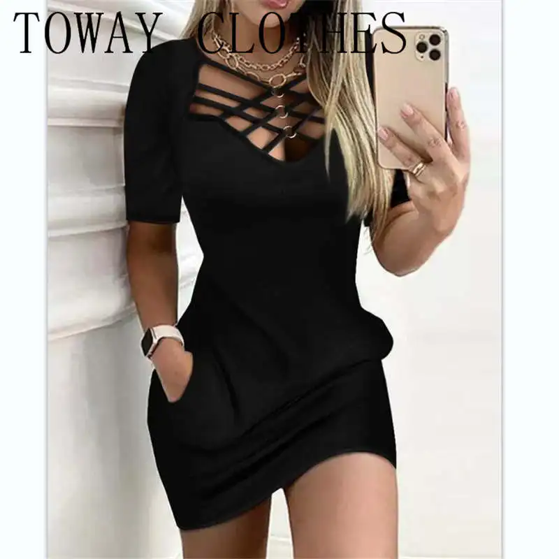 

Casual Ladies Solid Color Hip Wrap Dress With Pockets Summer Cross Hollow Out Short Sleeve Mini Dress Sexy V-neck T-shirt Dress