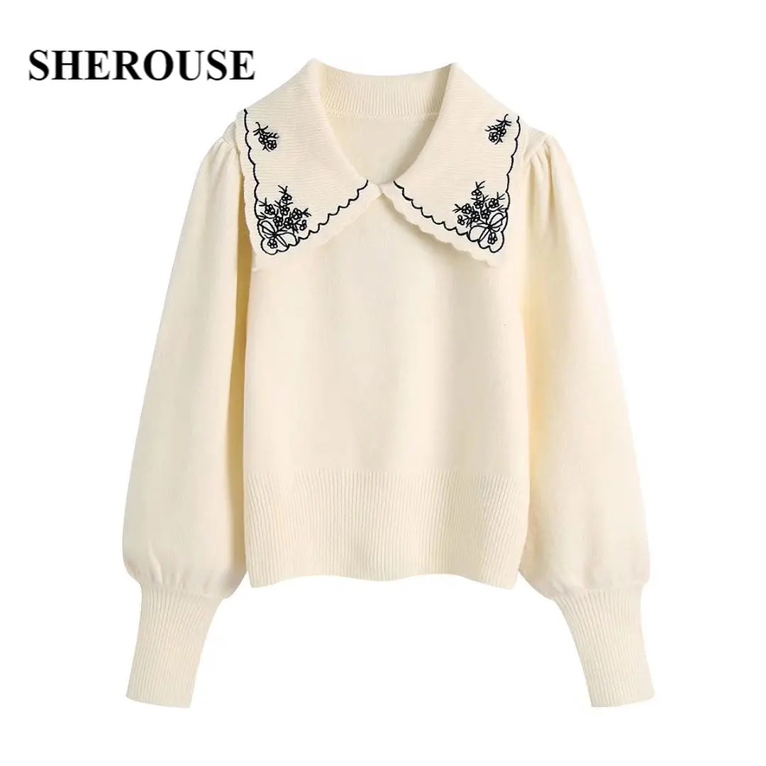 

Sherouse Women Fashion Knit Sweater with Embroidery Lapel Collar Long Lantern Sleeves Casual Woman Knitted Sweaters Pullover