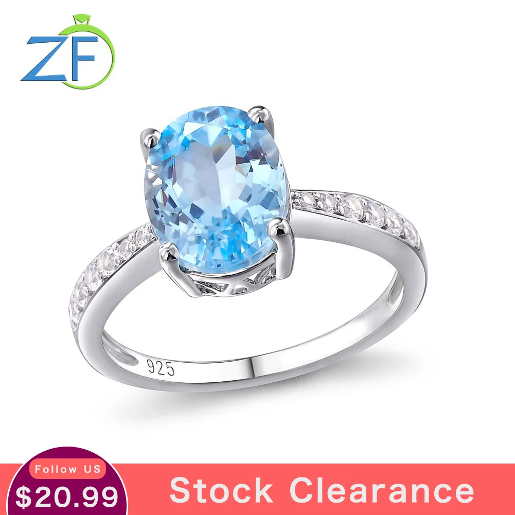 

GZ ZONGFA Original 925 Sterling Silver Oval Ring for Women 10*8mm Natural Blue Topaz Gemstone 3.5Carats Luxury Fine Jewelry