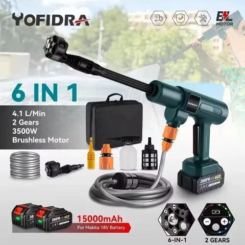 Yofidra Аккумуляторный пистолет для мойки автомобиля 18В 3500 Вт 200 бар 6 в 1