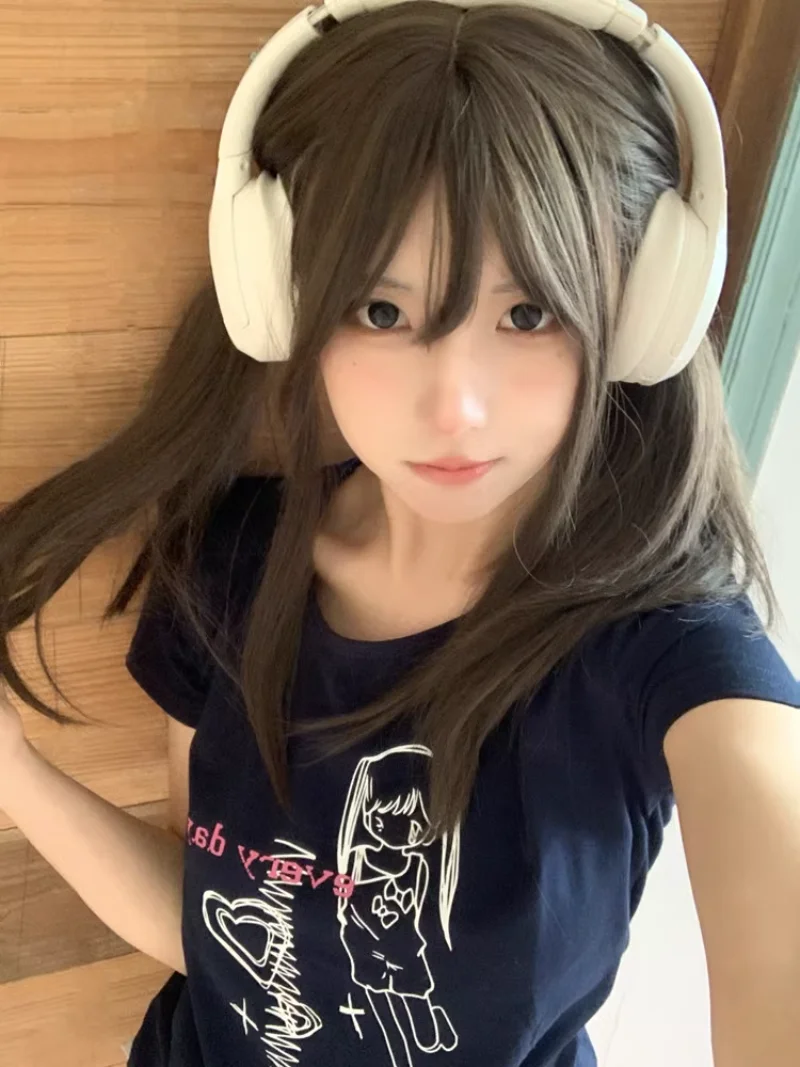 

O-Neck Summer Short Sleeve Camisetas Slim Fit Tees Women Harajuku Japan Style Chic Y2k Navy Tshirts Hand-Painted Print
