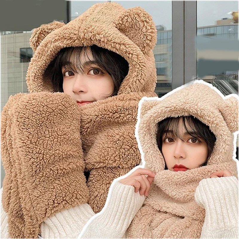 

New Cute Bear Ear Hat Scarf Gloves Set Winter Women Beanies Caps Warm Casual Plush Hats Casual Solid Fleece Girl Caps Present