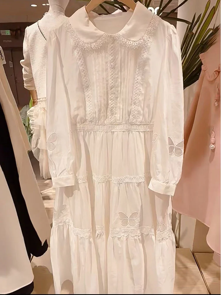 Early Spring 2023 New Super Beautiful Milk Fufu French Heavy Industry Embroidery Lace White Doll Neck Dress Women's Summer