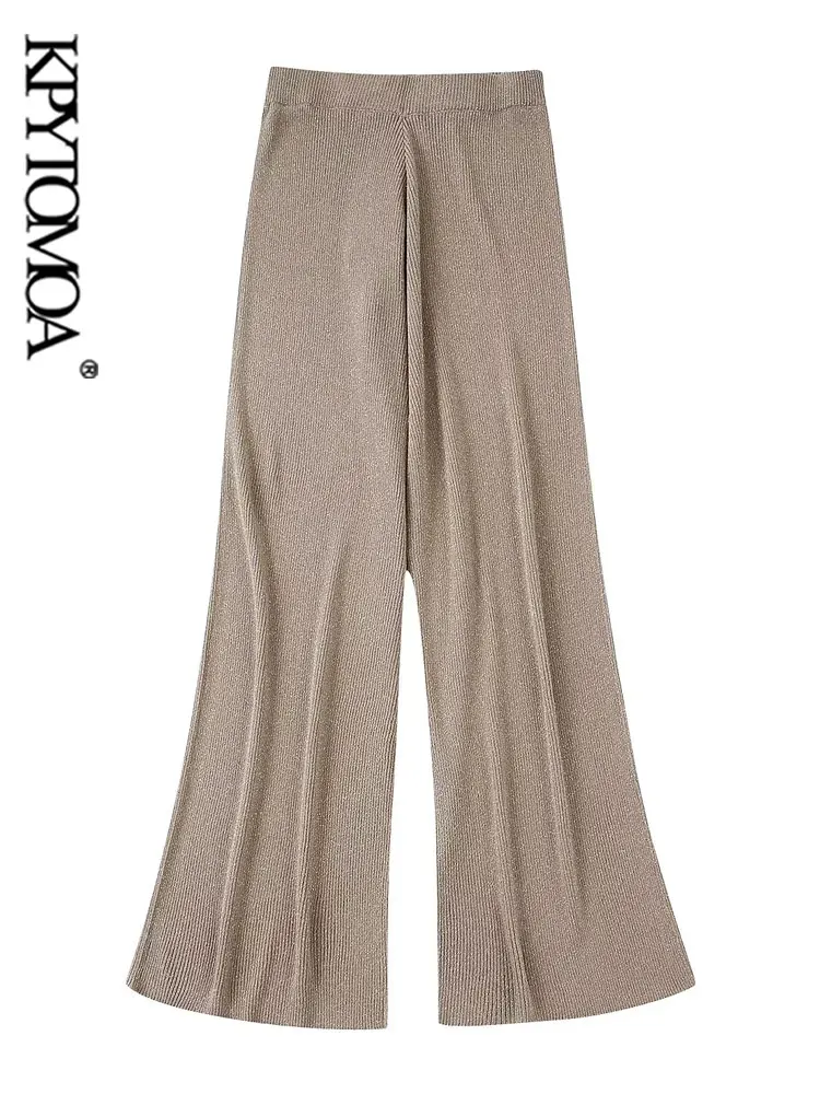 

KPYTOMOA Women Fashion Metallic Thread Knit Wide Leg Pants Vintage High Waist With Elastic Waistband Female Trousers Mujer