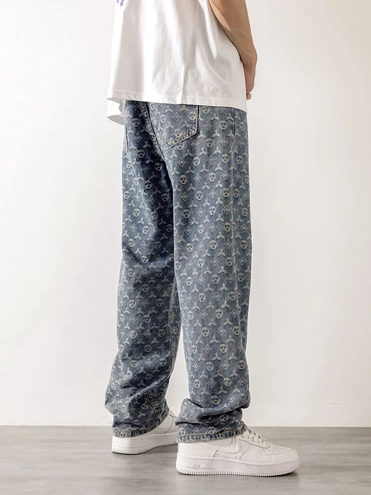 Y2K Men American Retro Casual Jacquard Designer Baggy Jeans Streetwear Ruffian Pants Straight Denim Trousers Vintage Clothes