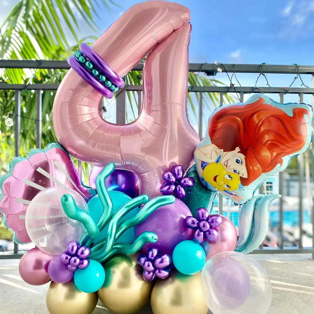 

24pcs Little Mermaid Theme Ariel Foil Balloons 40inch Pink Number Balloons Kid Girls Birthday Babyshower Ocean Party Decoration
