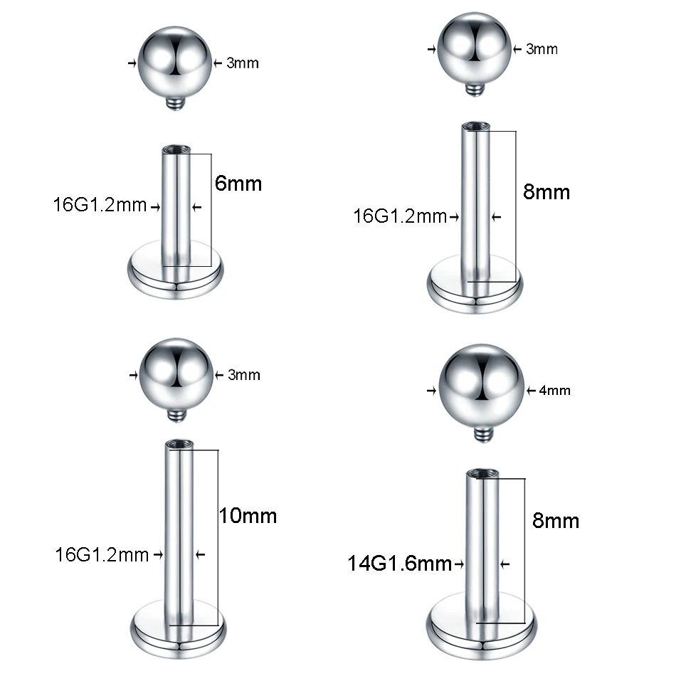 Фото Aumeo, 5 шт., титановые шариковые лабреты для пирсинга, 14G, 16G, 18G, с внутренней резьбой, для губ, ушей, хряща, трагуса, украшения для тела №2