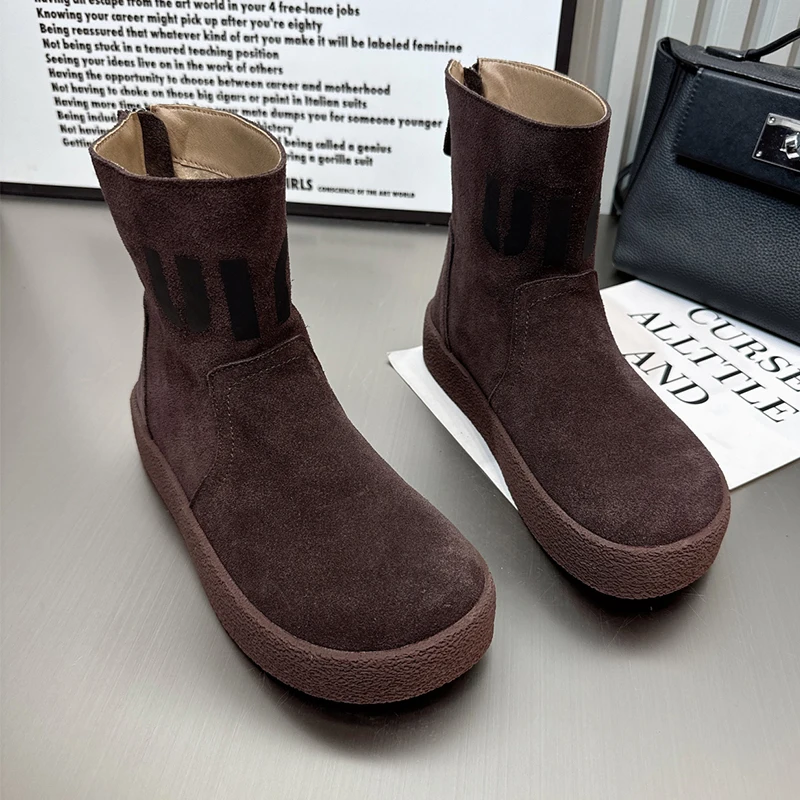 Замшевые женские ботильоны на плоской подошве и платформе зимняя повседневная