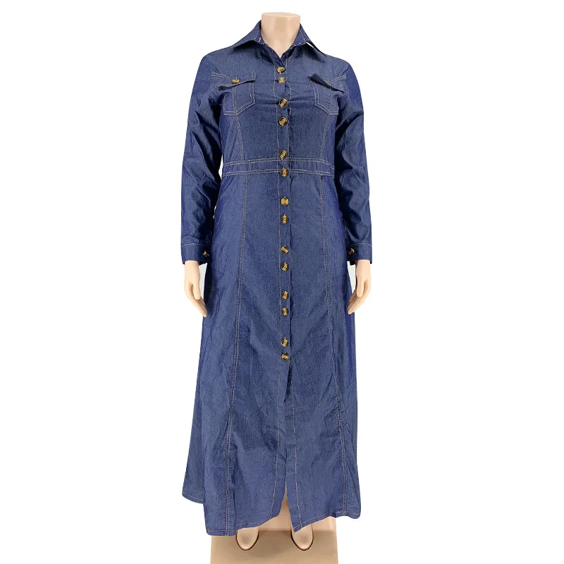 Plus Size Women Denim Dress Shirt Maxi Dress Sexy Lapel Neck Bottoned Long Dresses With Long Sleeves Vestidos De Mujer Casual