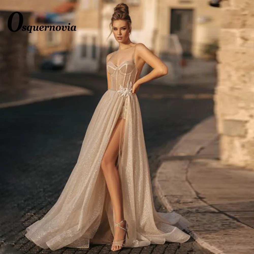 

Osquernovia Delicate Glitter Slit Wedding Dresses For Brides Sweetheart Appliques Spaghetti Straps Vestido De noiva Customized