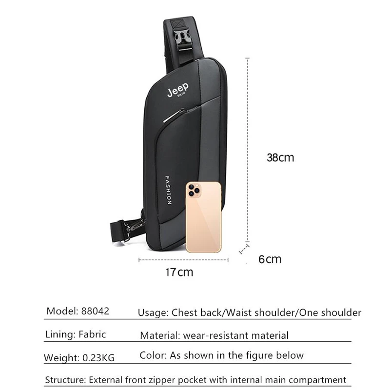 JEEP BULUO Sling Travel Bag Hot Sale Waterproof Casual Chest Bag Male Crossbody Fashion Shoulder Trend Black Messenger