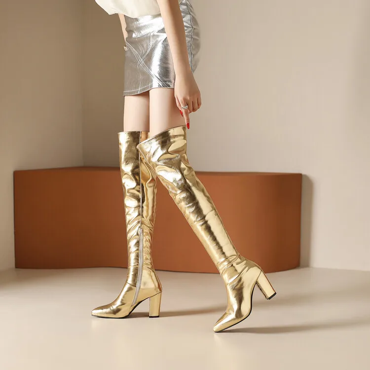 

Женские блестящие ботфорты на массивном высоком каблуке, золотистые/Серебристые сапоги большого размера 46 с боковой молнией, Осень-зима 2023
