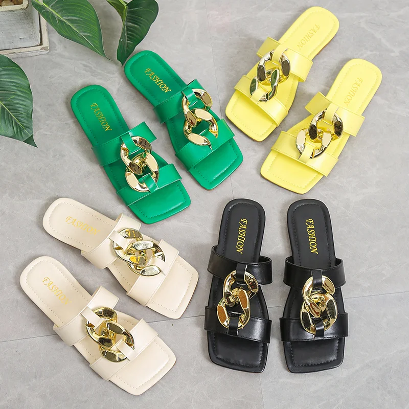 

2023 Ladies Slippers Summer Fashion Metal Decorative Square Head Outer Wear Flat Slippers Soft Bottom Seaside Beach Flip-flops