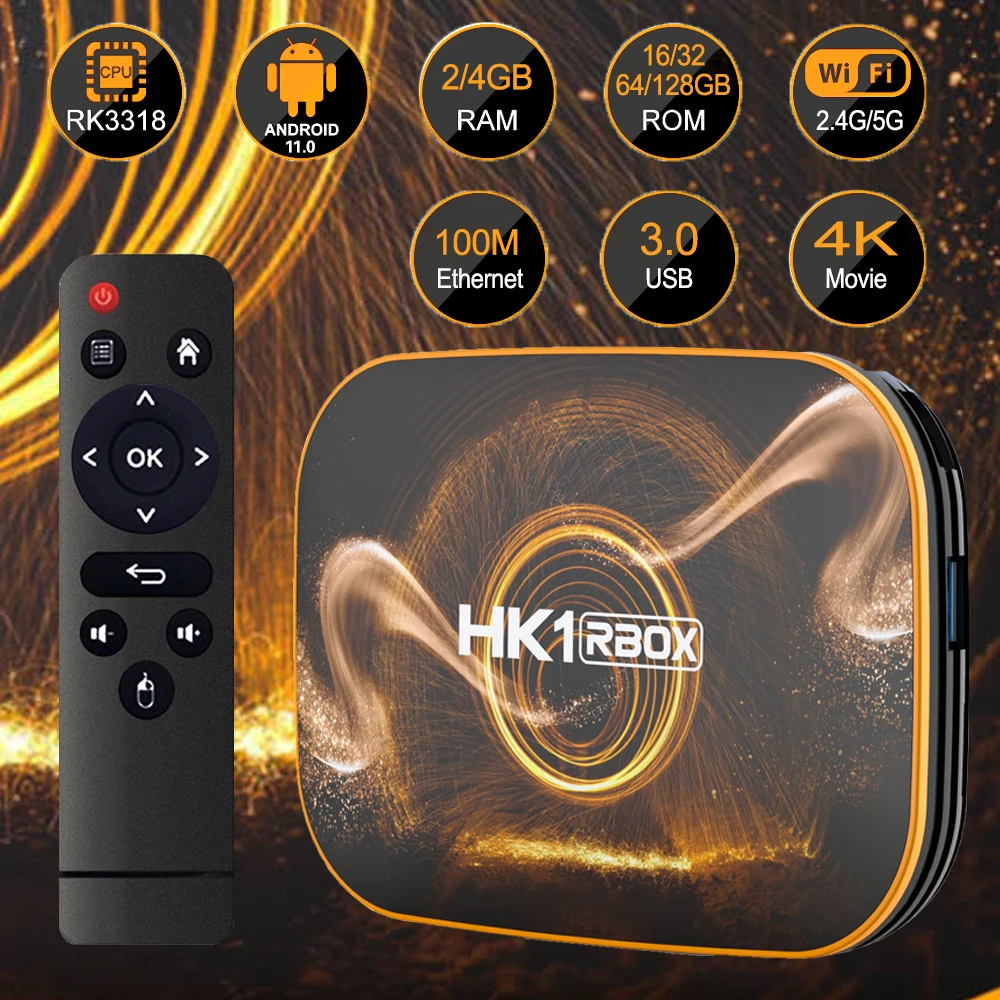 Android TV Box HK1 RBOX R1 RK3318 4K 1080p Медиаплеер приемник Andriod 11 2.4G 5G Двойной Wifi Bluetooth Набор верхнего уровня 32 ГБ 64 ГБ включен.