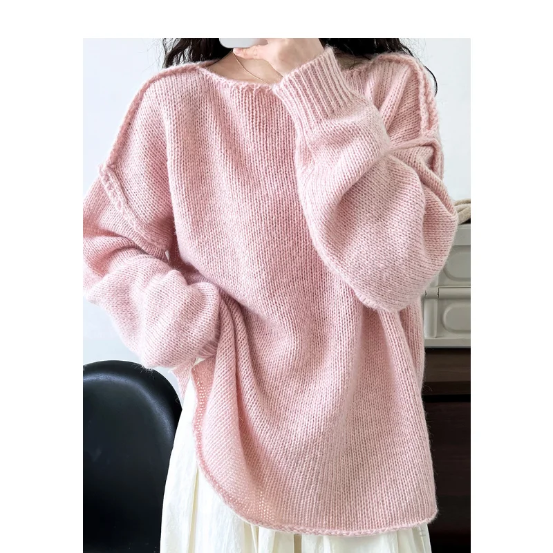 

Осенне-зимний женский вязаный свитер с воротником-лодочкой и спущенными плечами шерстяные свободные пуловеры Топы