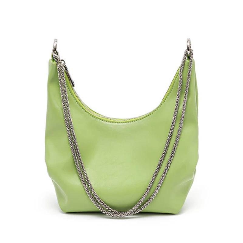 Chain Half-moon Bags for Women Fashion Design Handbags Oil Wax Leather Smooth Cowhide Pleated Crossbody Shoulder Underarm Bag