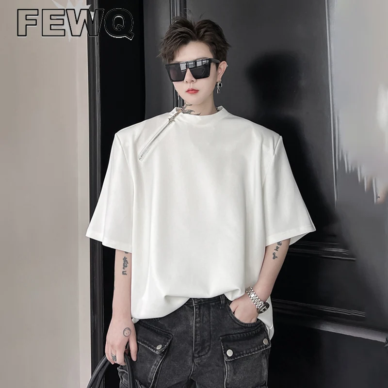 

FEWQ 2023 Fashion Men's Loose T-shirt New Casual Stylish Solid Color Zipper Tee Male Niche Round Collar Short Sleeve Tops 9A8268