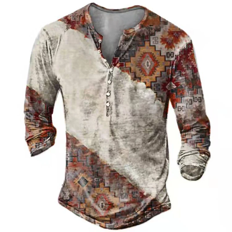 

Vintag Fashion Men T-shirt 2022 New Ethnic Pattern Printed Button Long Sleeve Spring Autumn Oversize T Shirt Men Camiseta