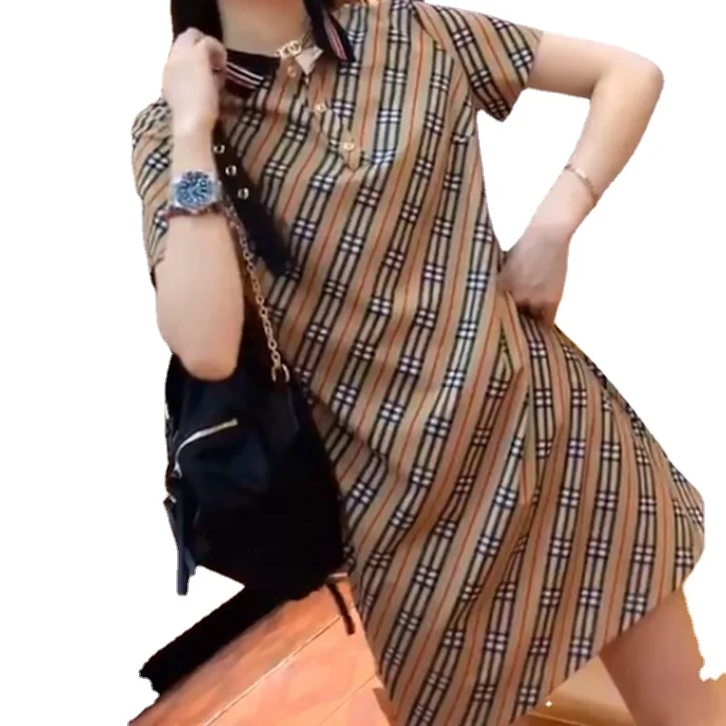 

Polo collar plaid dress casual belly covering age reduction popular short-sleeved skirt in spring and summer 2023